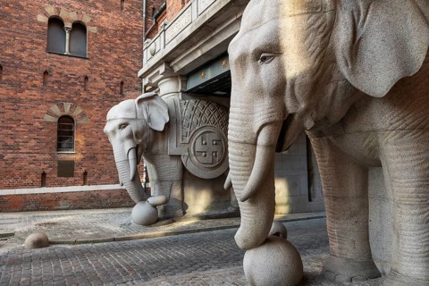 Monumental stone elephants with Indian swastika, elephant gate or elephant portal or elephant