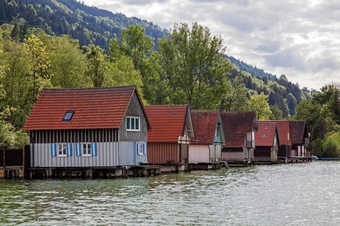 Boathouses in Bühl, Großer Alpsee, near Immenstadt, Oberallgäu, Allgäu, Bavaria, Germany, Europe