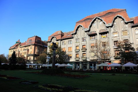 Banat, Timisoara, Timisoara, houses at Piata Victoriei, Victory Square, Roman column, copy of the