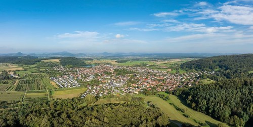 Aerial view, panorama of the municipality of Steißlingen, on the horizon the Hegau mountains,