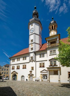 Eisenberg town hall from the 16th century on the market square, old town of Eisenberg,