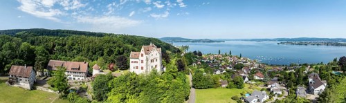 Aerial view, panorama of Salenstein Castle above the municipality of Mannenbach-Salenstein on