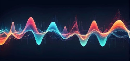 Abstract illustration of digital wave forms and circuits converging to form abstract symbols of