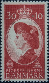 Queen Ingrid of Denmark (1910-2000), portrait in Girl Scout uniform on Danish postage stamp