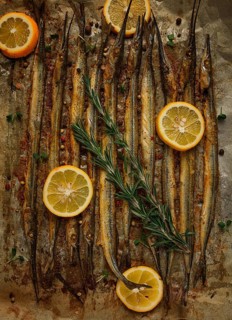 Fried fish, sargan, black sea pike, top view, close-up, no people