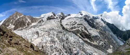 High alpine glaciated mountain landscape, La Jonction, Glacier des Bossons meets Glacier de