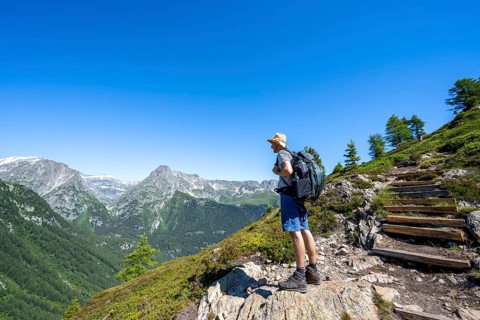 Mountaineer on hiking trail, mountain panorama, hike to Aiguillette des Posettes, Chamonix,