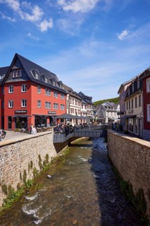 City centre with Erft and pedestrian zone of Bad Münstereifel, Eifel, Euskirchen district, North