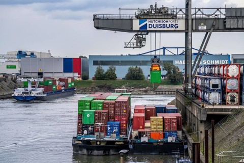 Port of Duisburg Ruhrort, Container freighter being loaded and unloaded at DeCeTe, Duisburg
