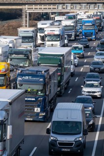 Traffic jam on the A3 motorway, at the Köln-Ost junction, heading south, four lanes jammed with
