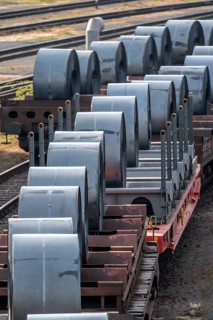 Strip steel coils, on freight wagons, at the ThyssenKrupp Schwelgern plant in Duisburg-Marxloh is