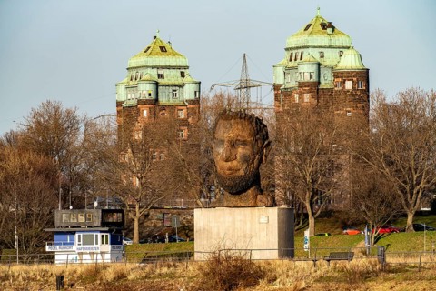 Echo of Poseidon, the 10 m high sculpture by Markus Lüpertz on Mercatorinsel, erected for the 300th