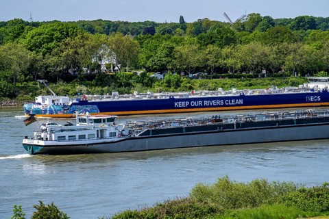 Cargo ships on the Rhine near Duisburg-Baerl, gas tanker Ineos Aloo, transporting butane gas from