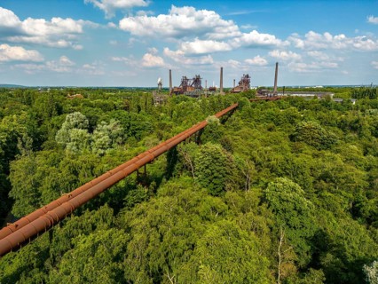 The Duisburg Nord Landscape Park, double blast furnace gas pipeline from the west View across the