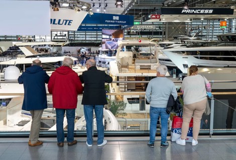 Large yachts, luxury yachts, in Hall 6 of BOOT 2024, the world's largest yacht and water sports