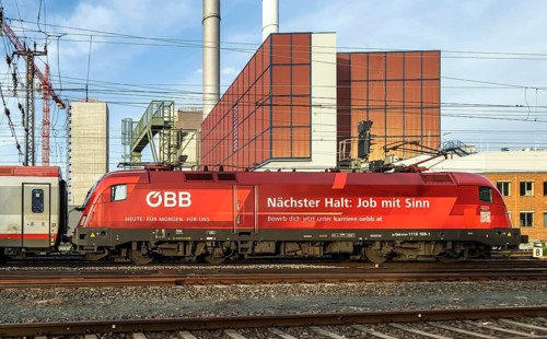 ÖBB locomotive with advertising for train drivers, shortage of skilled labour. Frankfurt am Main,