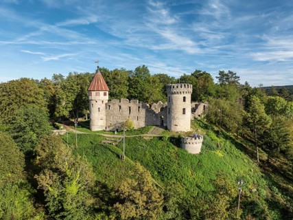 Aerial view of the Honburg castle ruins on the Honberg above the town of Tuttlingen, district of