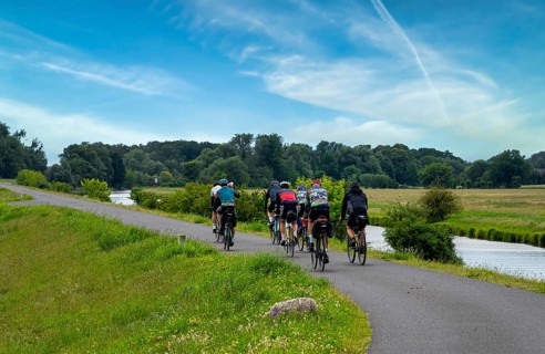 Cyclist on a cycle path by the river, landscape in the Lower Oder Valley National Park, Criewen,