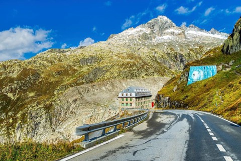 View of Hotel Belvedere at road to pass Furkapass, Kanton Wallis, Swiss Alps, Switzerland, Europe