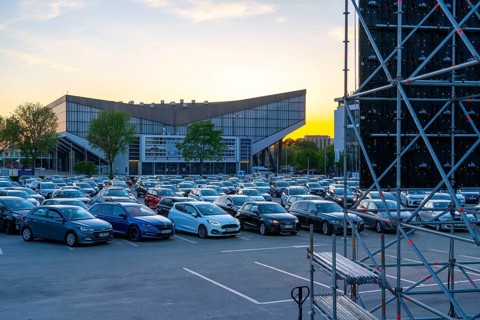 Temporary drive-in cinema, in the car park in front of Messe Essen, Grugahalle, large LED screen,
