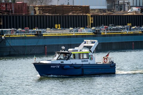 Essen water police boat, on the Rhine-Herne Canal, at Essen city harbour North Rhine-Westphalia,