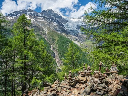 View to valley Mattertal, Matter valley, seen from hike village Randa to Charles Kuonen suspension