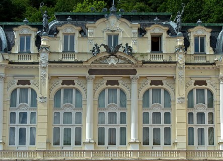 Art Nouveau window front at the Grandhotel Pupp in the spa district, Karlovy Vary, Bohemia, Czech