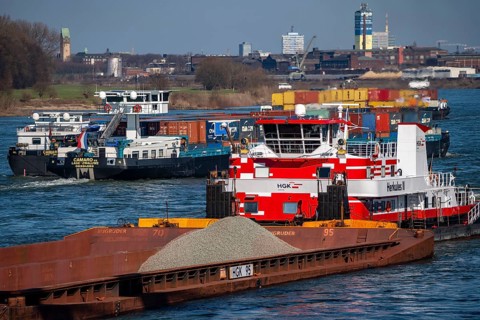 Cargo ships on the Rhine near Duisburg, push boat Herkules II, push convoy, brings coal and other