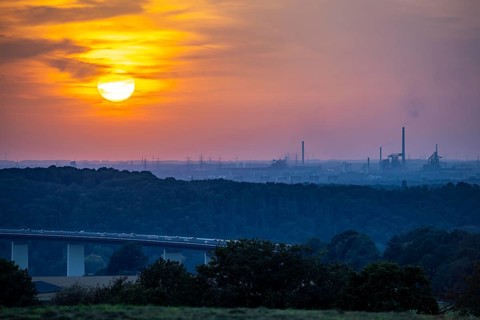 Sunset over the western Ruhr area, Ruhr valley bridge of the A52 motorway between Essen and
