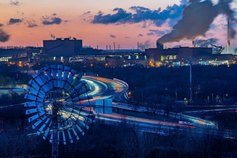 Skyline of the steel location Duisburg, Thyssenkrupp Steel Europe, in Duisburg-Bruckhausen, sunset,