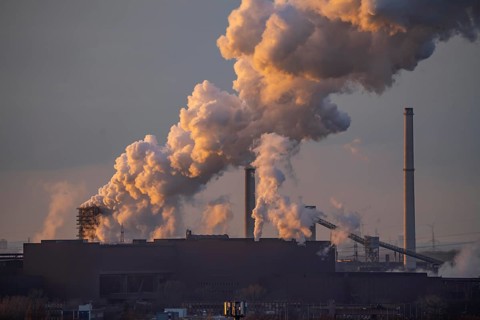 Skyline of the steel location Duisburg, Thyssenkrupp Steel Europe, in Duisburg-Bruckhausen, sunset,