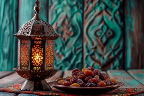 Ramadan lantern with a plate of succulent figs, set on an ornate table with intricate designs,
