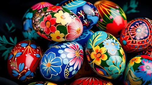 Vibrant, hand-painted Easter eggs adorned with intricate floral patterns, AI generated