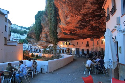 Cafes under rock cave overhang, Setenil de las Bodegas, Cadiz province, Spain, Europe