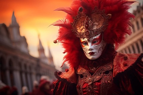 A person adorned in a traditional Venetian carnival mask and costume, with the iconic architecture