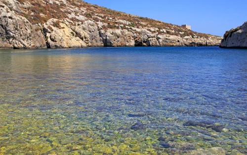 Shoreline clear blue sea water, Mgarr ix-Xini coastal inlet, island of Gozo, Malta, Europe
