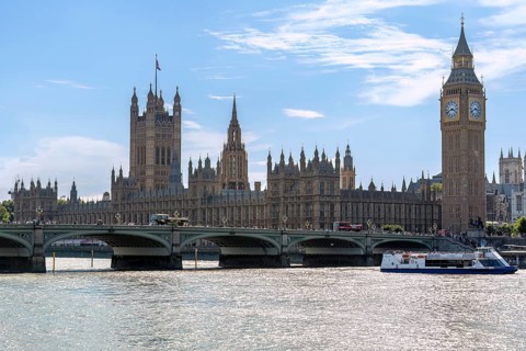 The Houses of Parliament with Big Ben and the River Thames, London England, Great Britain