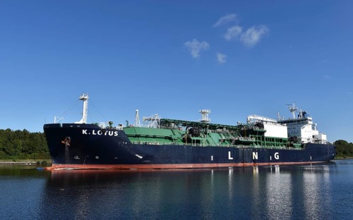 Tanker K.Lotus travelling through the Kiel Canal, Kiel Canal, Schleswig-Holstein, Germany, Europe