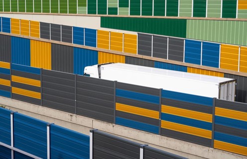 Colourful noise barriers on the A52 motorway, at the Essen-Rüttenscheid junction, the noise