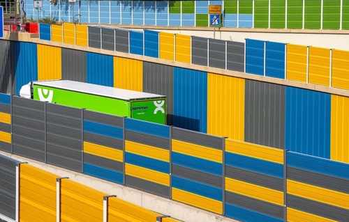 Colourful noise barriers on the A52 motorway, at the Essen-Rüttenscheid junction, the noise