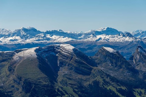 View from the alpine peak Säntis to the Appenzell Alps, 2505m altitude, Schwägalp, snow-covered