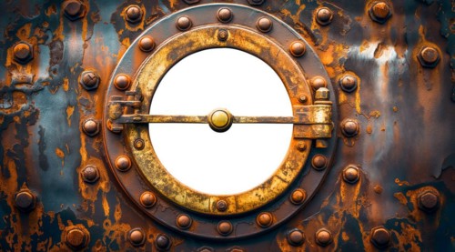 Vintage aged brass ship porthole mounted on a rusty iron hull with a white background. generative