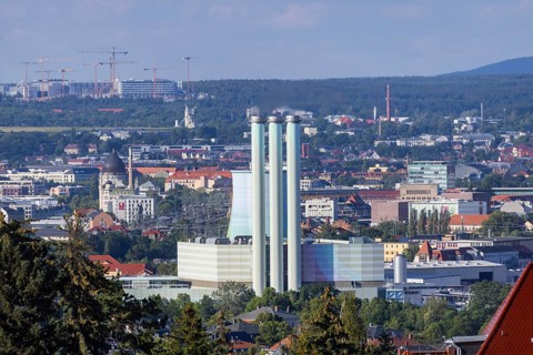 Cityscape Dresden with power station Nossener Brücke, Yenidze and construction site Infineon,