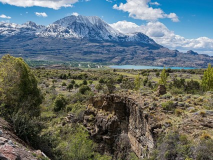 View over a canyon to village Puerto Ingeniero Ibanez located at lake Lago General Carrera,