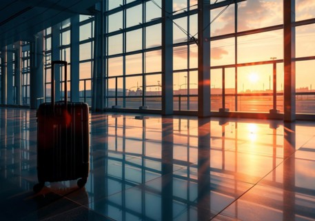 Passenger travel suitcases and bags in the airport terminal, concept of travel and vacation, AI