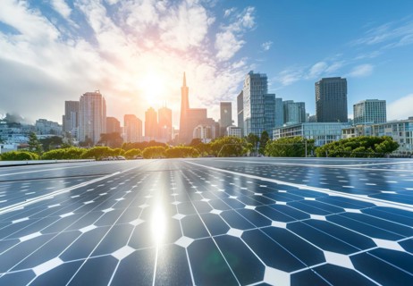 Solar panels installed in the city residential area to produce clean eco sustainable energy, AI