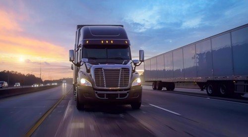 Long haul container truck carrying commercial cargo delivery, Close-up and low-angle, AI generated