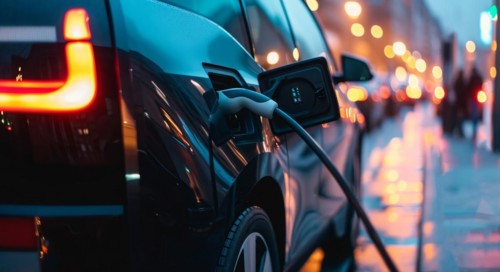 Electric car charging the battery from the electric charger, AI generated
