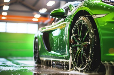 Carwash detailing, polishing and cleaning in automotive service maintenance station, AI generated