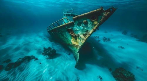 A shipwreck is seen in the ocean deep underwater, AI generated